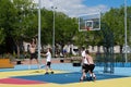 Teenagers plays streetball at new sport zone at expocenter of Ukraine in Kyiv