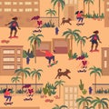 Teenagers riding skateboard in the city flat vector seamless pattern. Skaterboy and skategirls with running dog among