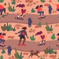 Teenagers riding skateboard in park on wavy road flat vector seamless pattern. Skaterboy and skategirls with running dog