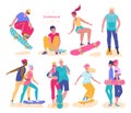 Teenagers riding skateboard, set of isolated cartoon characters, vector illustration