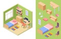 Teenagers room isometric. Vector bedroom concept. Interior for student with sofa, chairs, desk, bookshelves