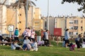 Teenagers on a school trip. Picnic in the park