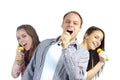 Teenagers singing on microphones Royalty Free Stock Photo