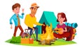 Teenagers Sitting Around Campfire And Have Fun Vector. Isolated Illustration