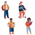 Teenagers stand on a white background isolated object with a backpack, scooter, book, ball. Athlete, student, student,