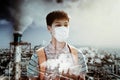 Teenagers student wearing mask against smog and air pollution factory background