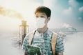 Teenagers student wearing mask against smog and air pollution factory background