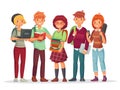 Teenagers students group. Young teens highschool student friends learning together. Teenager with school backpack vector Royalty Free Stock Photo