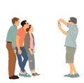 Teenagers tourists crew taking picture on vacation vector illustration isolated. Mobile phone photographer