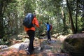 Teenagers trekking competition to collect ribbons at each checkpoint in the forest.