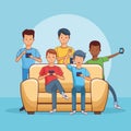 Teenagers using smartphone seated on sofa