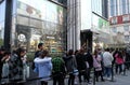 Teenagers waiting in line to enter the Line Friends cafe and shop in Shanghai