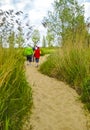 Teenagers walk into the forest on sandy path in Germany