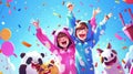 Teenagers wearing costumes cat, cow, panda, pig Modern mobile app onboard page, pajama party cartoon. People in kigurumi Royalty Free Stock Photo