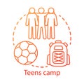 Teens camp concept icon. Summer youngster club, community idea thin line illustration. Teenager holiday resort. Sports