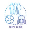 Teens camp concept icon. Summer youngster club, community idea thin line illustration. Teenager holiday resort. Sports