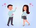 Teens on date flat vector illustration. Young students romantic feelings, relationships, smiling man and woman in love