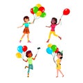Teens Girls Walking With Air Balloons Set Vector