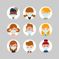 Teens and kids avatar collection. Cute children, boys and girls faces wearing medical face mask, Colorful user pic icons.