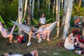 Teens relaxing in hammocks at Winnipeg Folk Festival 2019 Royalty Free Stock Photo