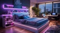 Teens room with big bed at night, futuristic design with purple neon light. Modern home interior of city apartment. Concept of Royalty Free Stock Photo