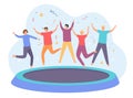 Teens on trampoline. Happy group of friends jumping and having fun. Energetic people leap on trampoline. Party Royalty Free Stock Photo