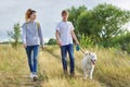 Teens walking with white dog in meadow on sunny day Royalty Free Stock Photo