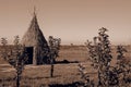 Teepee aka wigwam in the field with young trees. Vintage sepia toned image