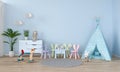 Teepee in blue child room interior for mockup