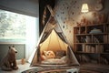 teepee with books and stuffed animals inside, cozy reading room for kids