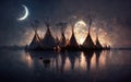 teepee indian tent standing in beautiful night landscape. Digital art. Royalty Free Stock Photo