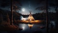 teepee indian tent standing in beautiful night landscape. generative ai.