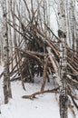 Teepee like structure made of fallen trees on a cold foggy morning at Assiniboine Forest in Winnipeg, Manitoba, Canada