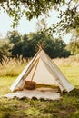 A teepee in the middle of a grassy field with a basket on the ground Royalty Free Stock Photo
