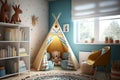 teepee with reading nook in child room, with bookshelves and cozy armchair