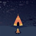 Teepee tent and campfire at night, astrology symbols in the sky, vector illustration