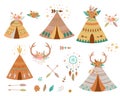 Teepee tents and arrows collection. Native american teepee set, flowers, horns, dreamcather hipster summer adventure