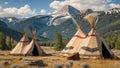 Teepees standing in a mountain valley on a sunny day Royalty Free Stock Photo
