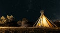 Teepees Under Night Sky Full of Stars. Camping at Traditional Teepee at Night. AI Generative