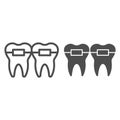 Teeth alignment line and solid icon. Mouth braces, orthodontic treatment symbol, outline style pictogram on white