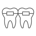 Teeth alignment thin line icon. Mouth braces, orthodontic treatment symbol, outline style pictogram on white background