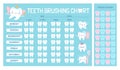 Teeth brushing chart calendar for kids with cartoon character. Cute tooth fairy, brush and paste. Children dental care