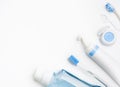 Teeth Brushing Concept with toothbrush, toothpaste, mouthwash and dental floss Royalty Free Stock Photo