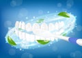 Teeth brushing. Toothbrush cleaning white healthy teeth. Stomatological procedure, oral health. Tooth protection, caries