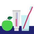 Teeth care and dental concept. Tooth brush in glass, tooth paste and green apple. Vector illustration