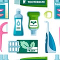 teeth care pattern. oral tooth routine, Toothbrush, Toothpaste, Floss, healthy smile every day. vector cartoon seamless pattern. Royalty Free Stock Photo