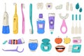 Teeth care tools mega set elements in flat cartoon graphic design. Bundle objects of tooth brushes, chewing gum, whitening strips Royalty Free Stock Photo
