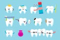 Teeth cartoon characters, set of isolated cute mascots for dental care hygiene vector illustration Royalty Free Stock Photo