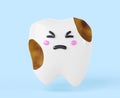 Teeth cartoon kawaii character with dental plaque, tartar or enamel caries 3d render icon. Dirty sad baby tooth with
