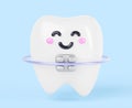 Teeth cartoon kawaii character with metal dental braces 3d render icon. Cute smiling tooth with brackets and arch wire